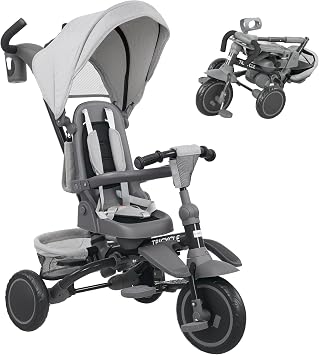 AIYAPLAY Kids Trike Toddler Tricycle 6 in 1 Foldable Canopy Ages 1-5 Grey | Baby Trike, Adjustable Parent Handle, Convertible Seat, 5-Point Harness, Storage Basket & Bag