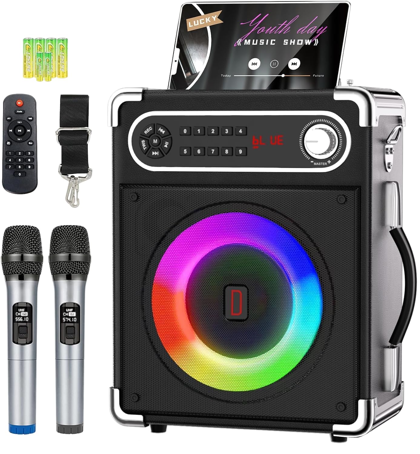 Macchina per karaoke con 2 microfoni wireless, altoparlante portatile Bluetooth 5.3 con luci LED, regolazione bassi/acuti, sistema PA con telecomando, supporta FM/AUX/USB/TF per feste
