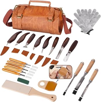 Premium Professional Wood Carving Kit - 28pcs wood carving Tools set whittling kit Ergonomic Walnut Handles, Razor-Sharp High-Carbon Steel Blades