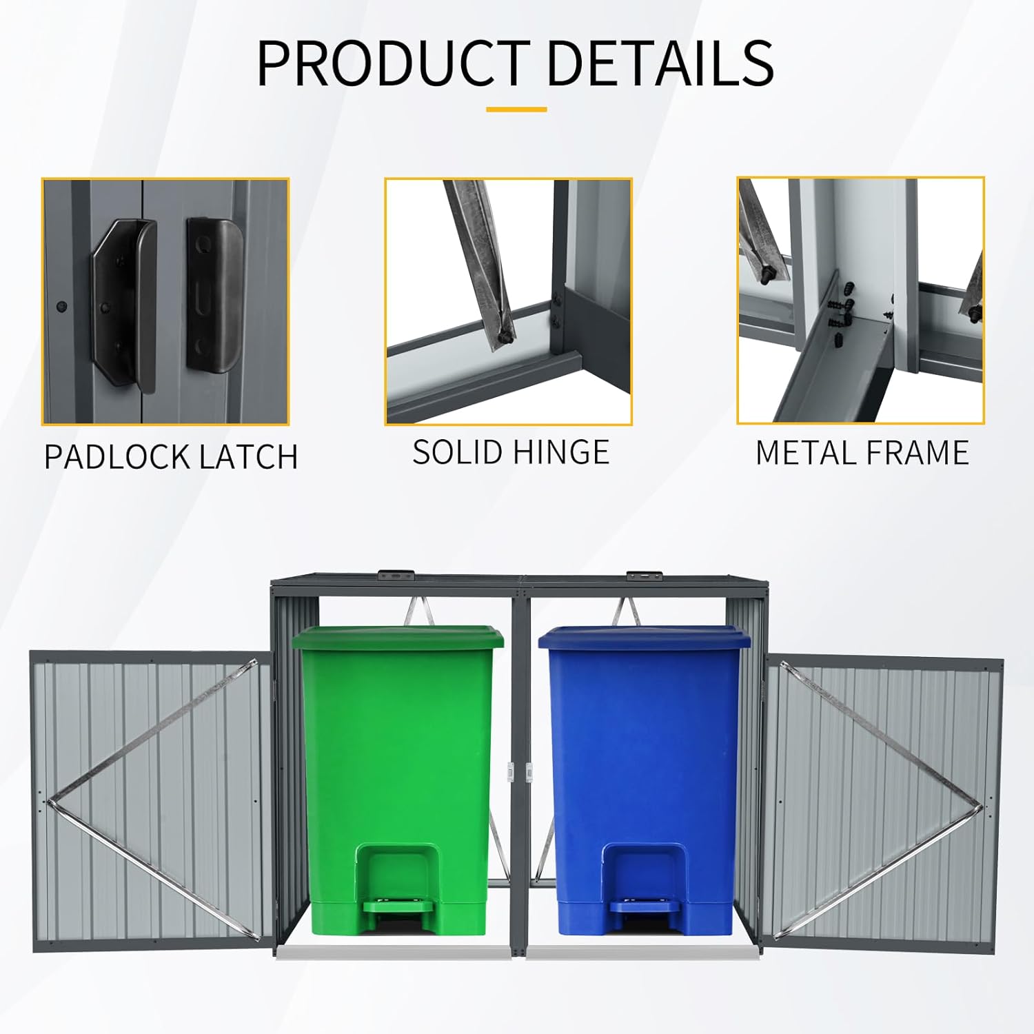 Outdoor Trash Can Storage Shed,Galvanized Steel Storage Shed with Lockable Doors, Garbage Bin Shed Outdoor for Garden Yard Lawn (Grey-Double)
