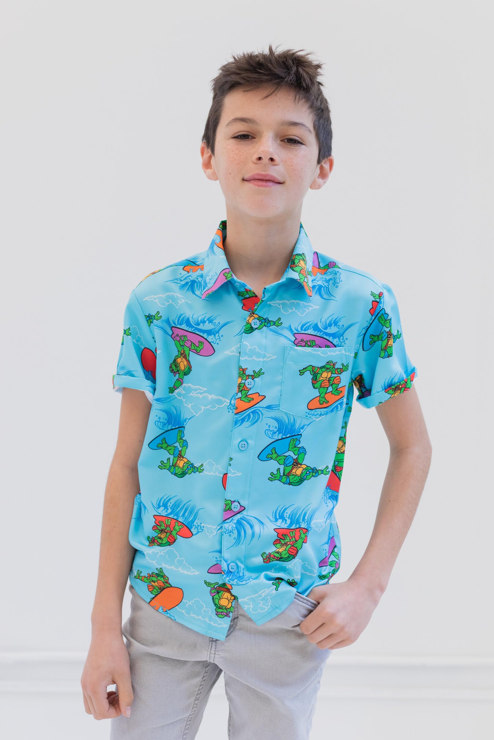 Teenage Mutant Ninja Turtles Leonardo Michelangelo Raphael - Camisa hawaiana con botones para niños pequeños a grandes