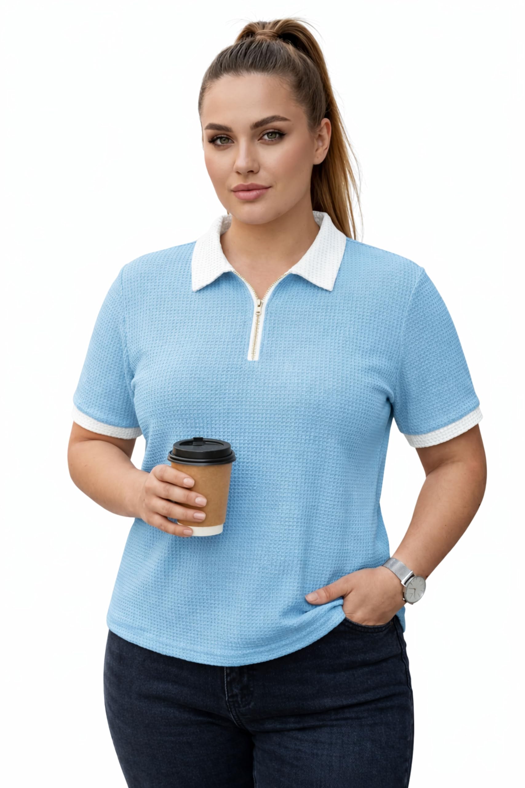 chozi Women Polyester Regular Fit Polo T-Shirt with Short Sleeve and Zipper Waffle Self Design-picture-7