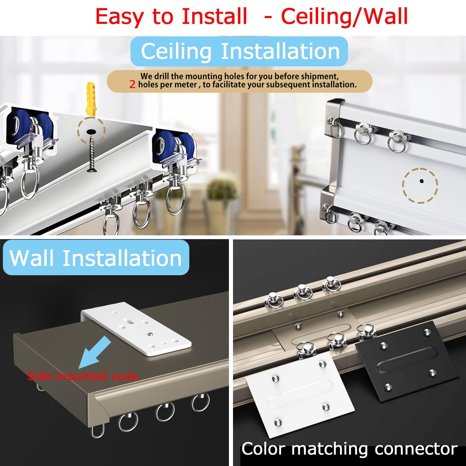 Doppelreihiges Deckenschienensystem, 1-6 m, Wandmontage, ideal für Wohnzimmer, Schlafzimmer, Dusche, Raumteiler, 90-Grad-Biegung (Metallic, 5 m)