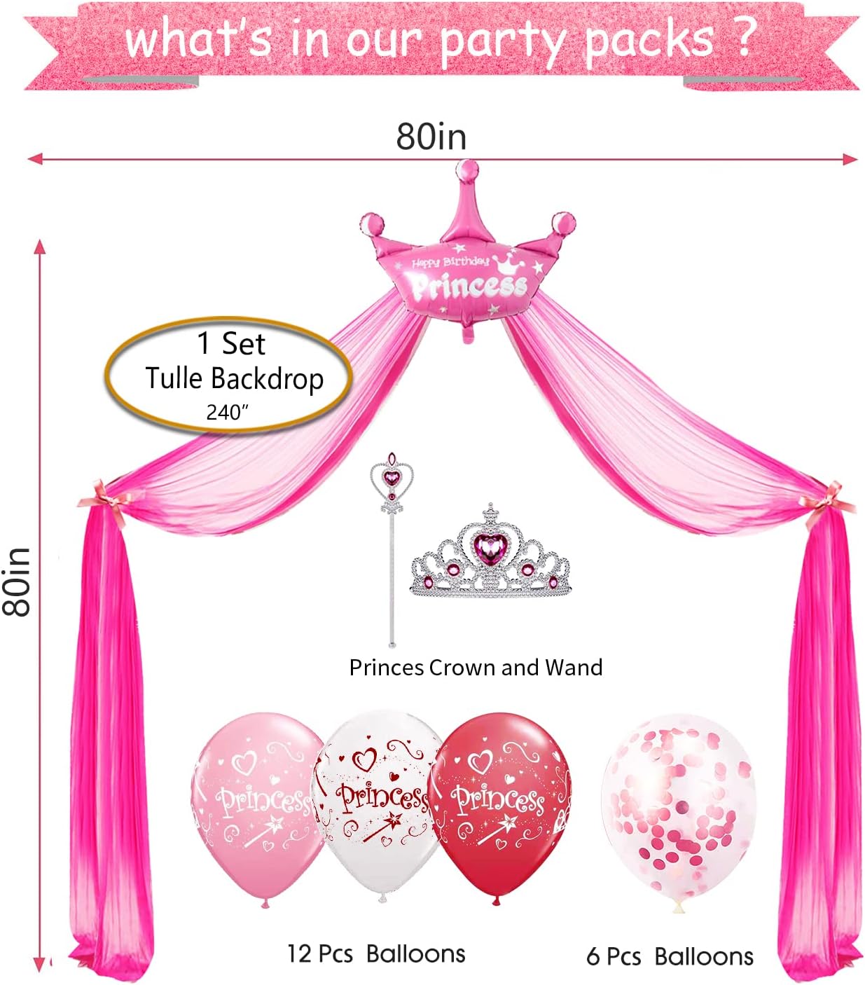 Princess Birthday Party Decorations for Girls Include Balloon Arch, Banner, Backdrop, Tablecloth, Tulle, Crown, Wand, Sash, Cake Topper Party Supplies