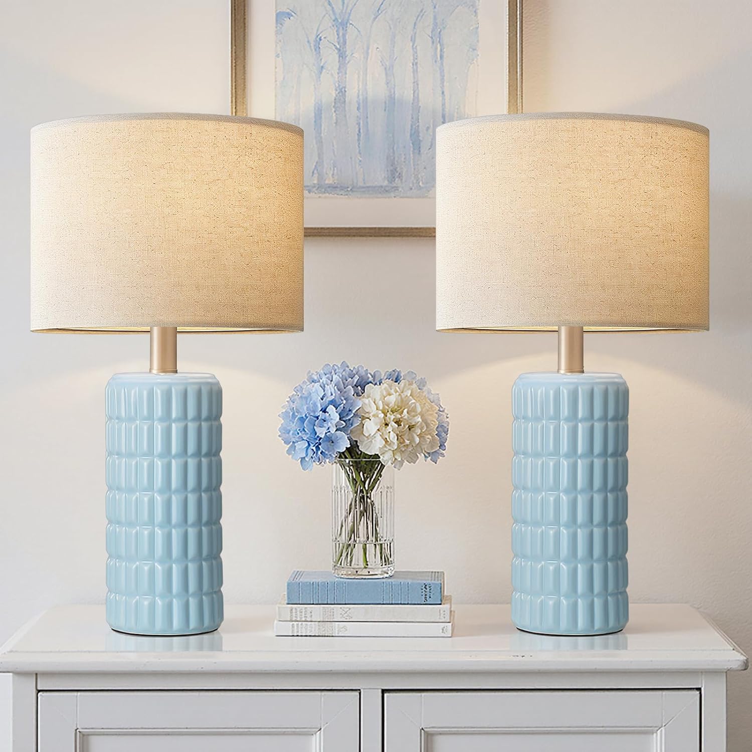  23" Modern Ceramic Table Lamps, Lamps for Bedroom, Sky Blue