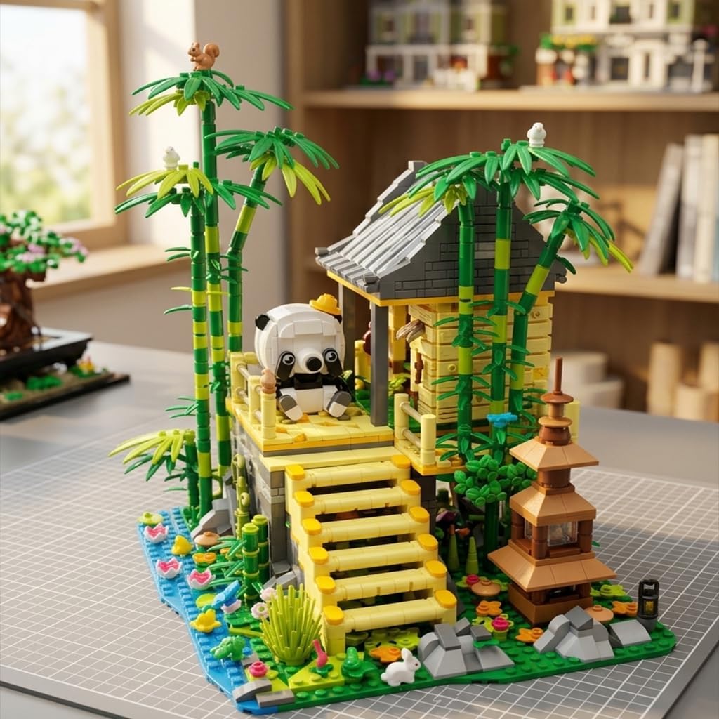 Bamboo House Building Set with LED Lights -Panda Treehouse Architecture Model Kit, Retro Asian Cabin Construction Building Toy with Animal Figures, Gift for Adults and Teens(1945Pcs)