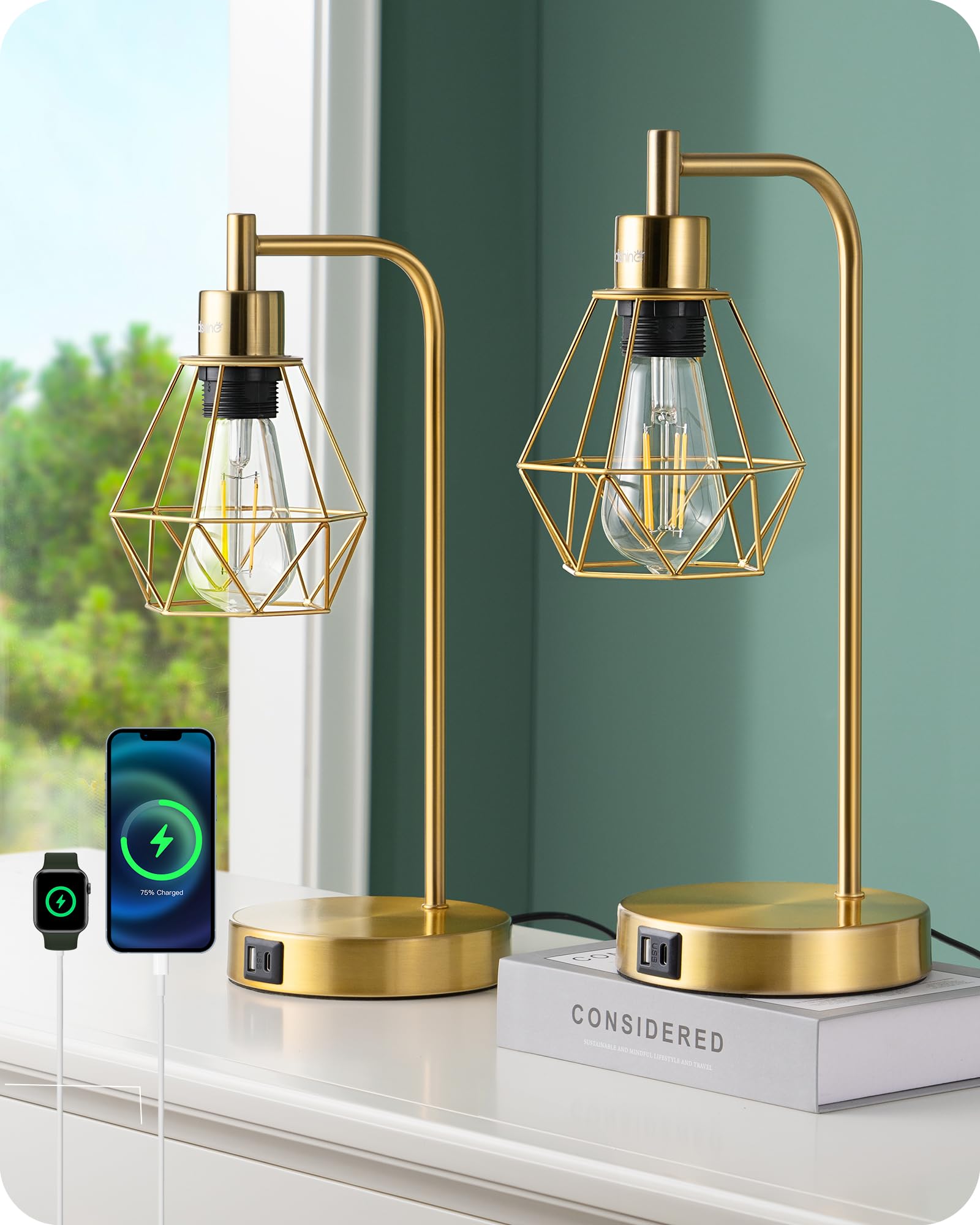EDISHINE Lámpara de mesa táctil regulable industrial set de 2, lámpara de cabecera con 2 puertos USB, E27 lámpara de escritorio vintage industrial para sala de estar, oficina, oro