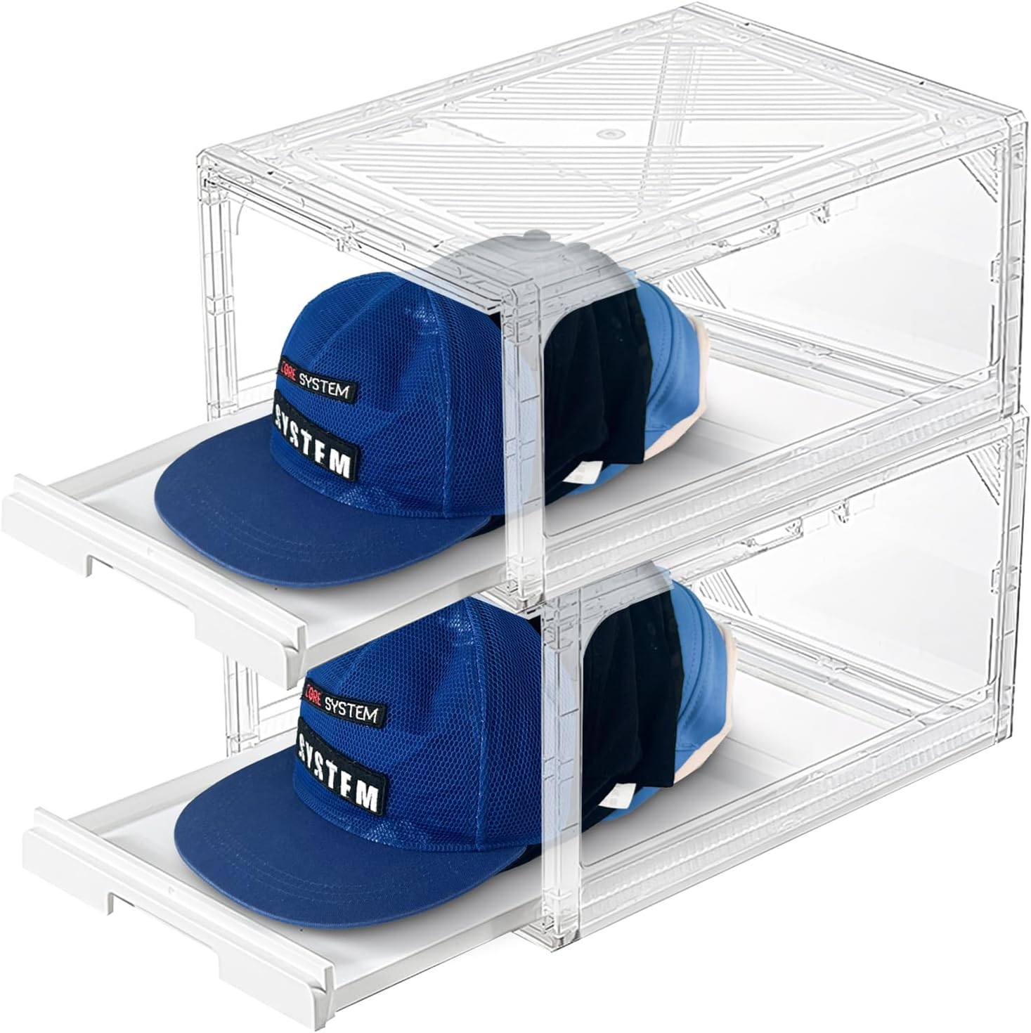 2 PCS Hat Organizer for Baseball Caps, Stackable Hat Storage Box with Sliding Tray Clear Window, Holds up to 10 Caps Rack Display Case for Closet, Home Storage, Dustproof, Space-Saving