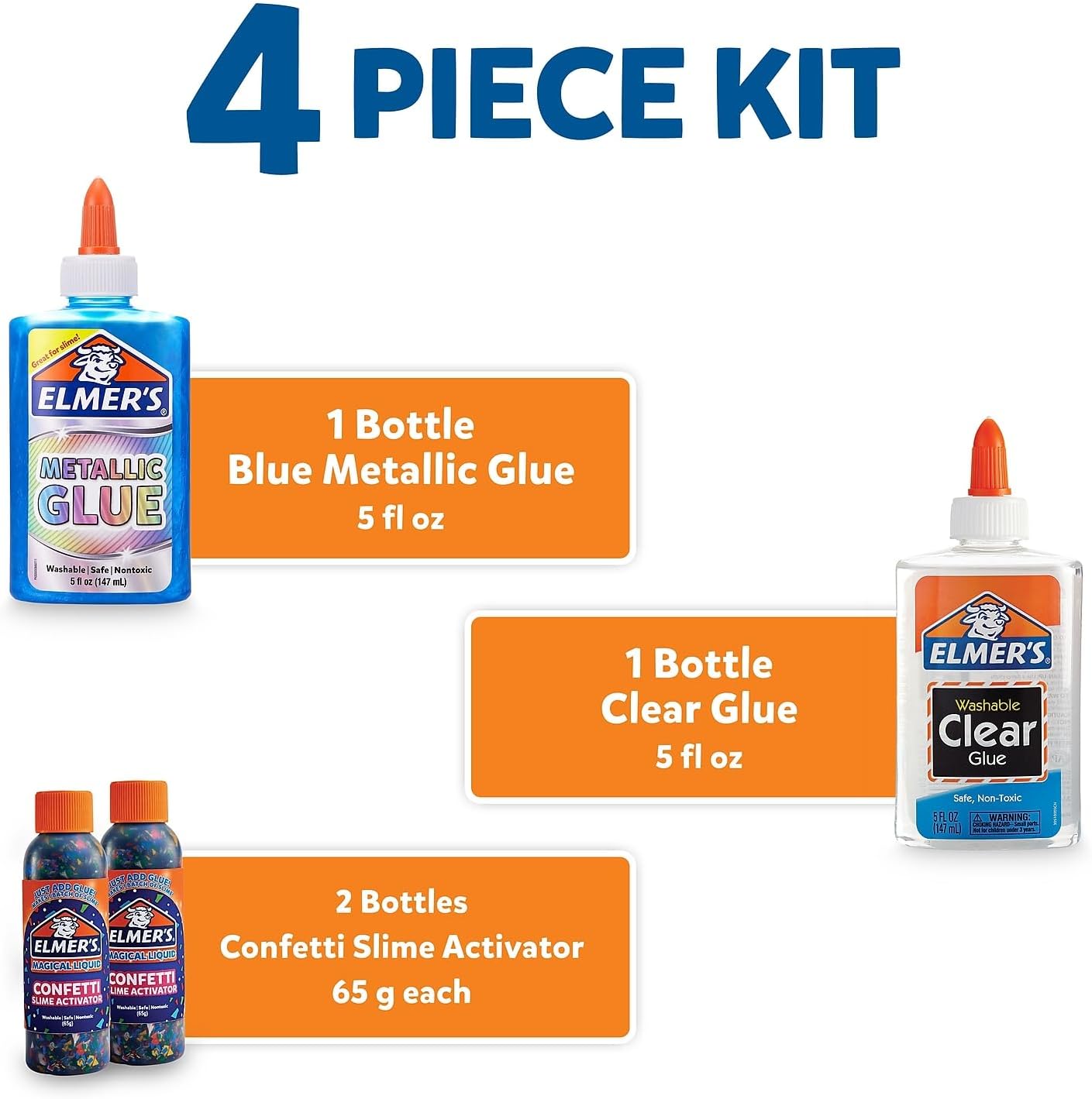 Elmer’s Confetti Slime Kit, Slime Supplies Include Metallic Glue, Clear Glue, Confetti Magical Liquid Activator, 4 Count - Perfect for Parties, Gift, Kids Activity Time