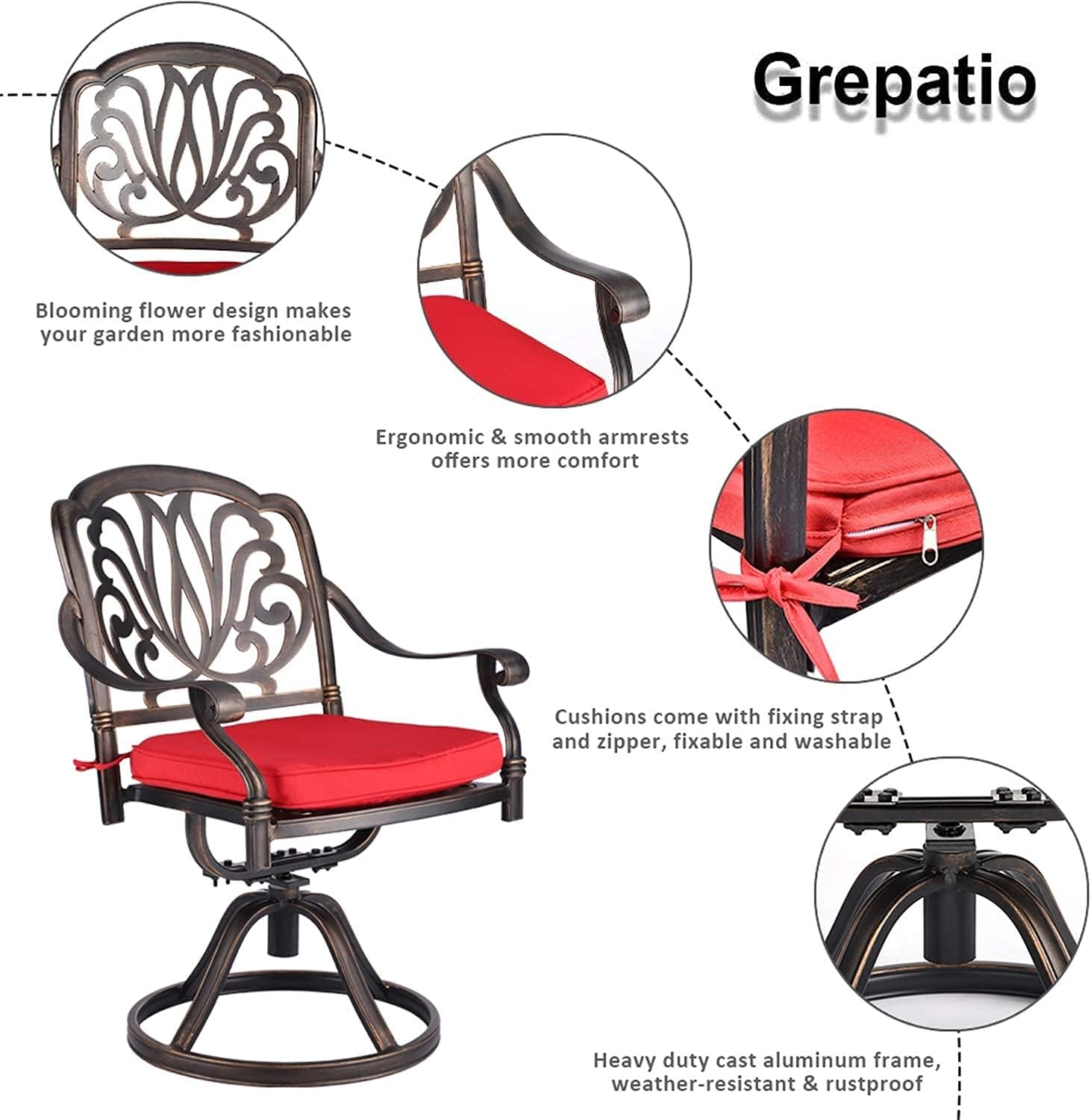 Grepatio 2 Piece Patio Swivel Dining Chairs with Cushions, Outdoor Cast Aluminum Dining Chairs Set of 2, Metal Furniture Chairs for Lawn Garden Backyard (Swivel Rocker Chairs with Red Cushions)