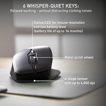 Cherry Stream Mouse Comfort, Wireless Ergonomic Mouse with Rubberized Thumb Rest, for Right-Handers, 2.4 GHz, 6 Whisper-Quiet Buttons, Battery-Powered, Black