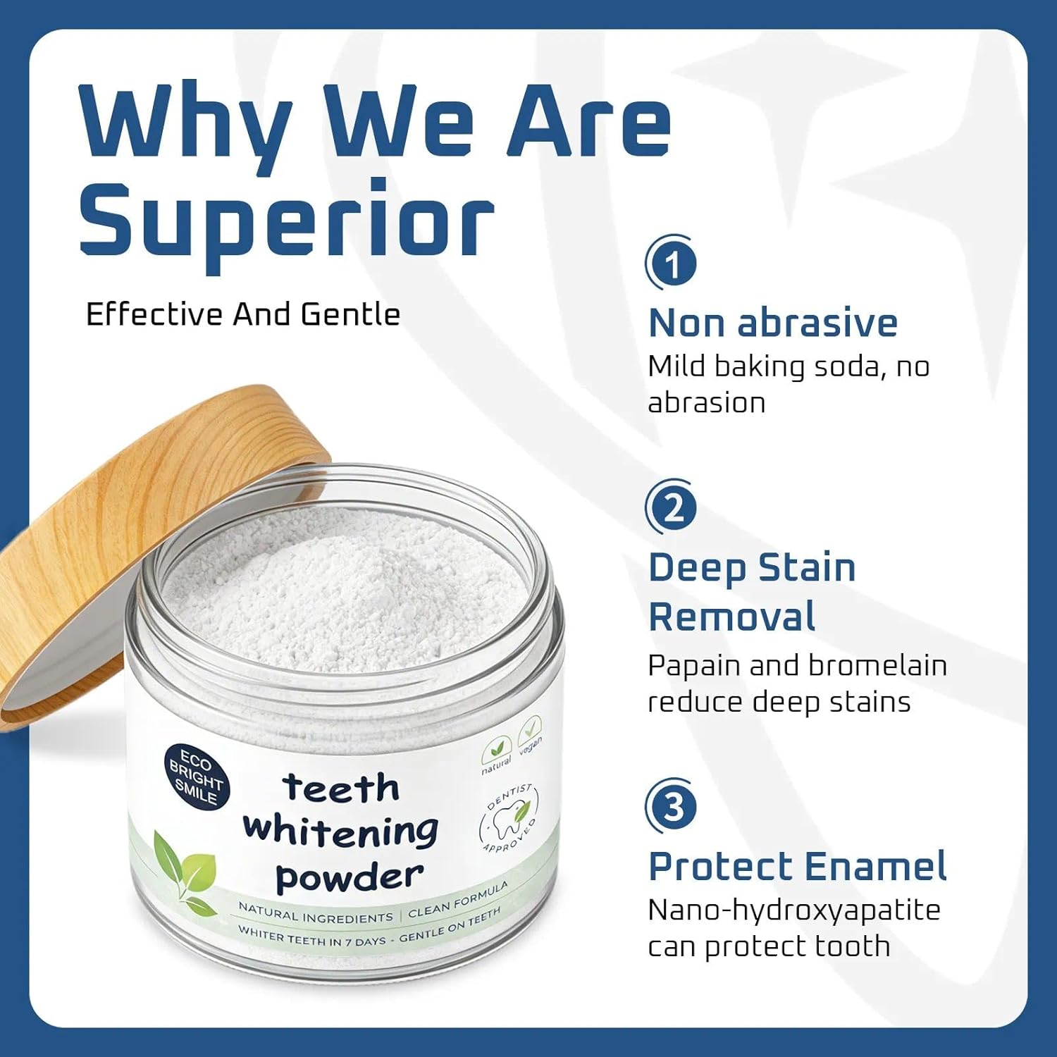 EcoBrightSmile Triple Action Teeth Whitening Powder - with Pap & Nano-Hydroxyapatite - Tooth Whitener for Sensitive Teeth, Removes Tooth Stains, Enamel Strengthening Whitening Powder(1pc)