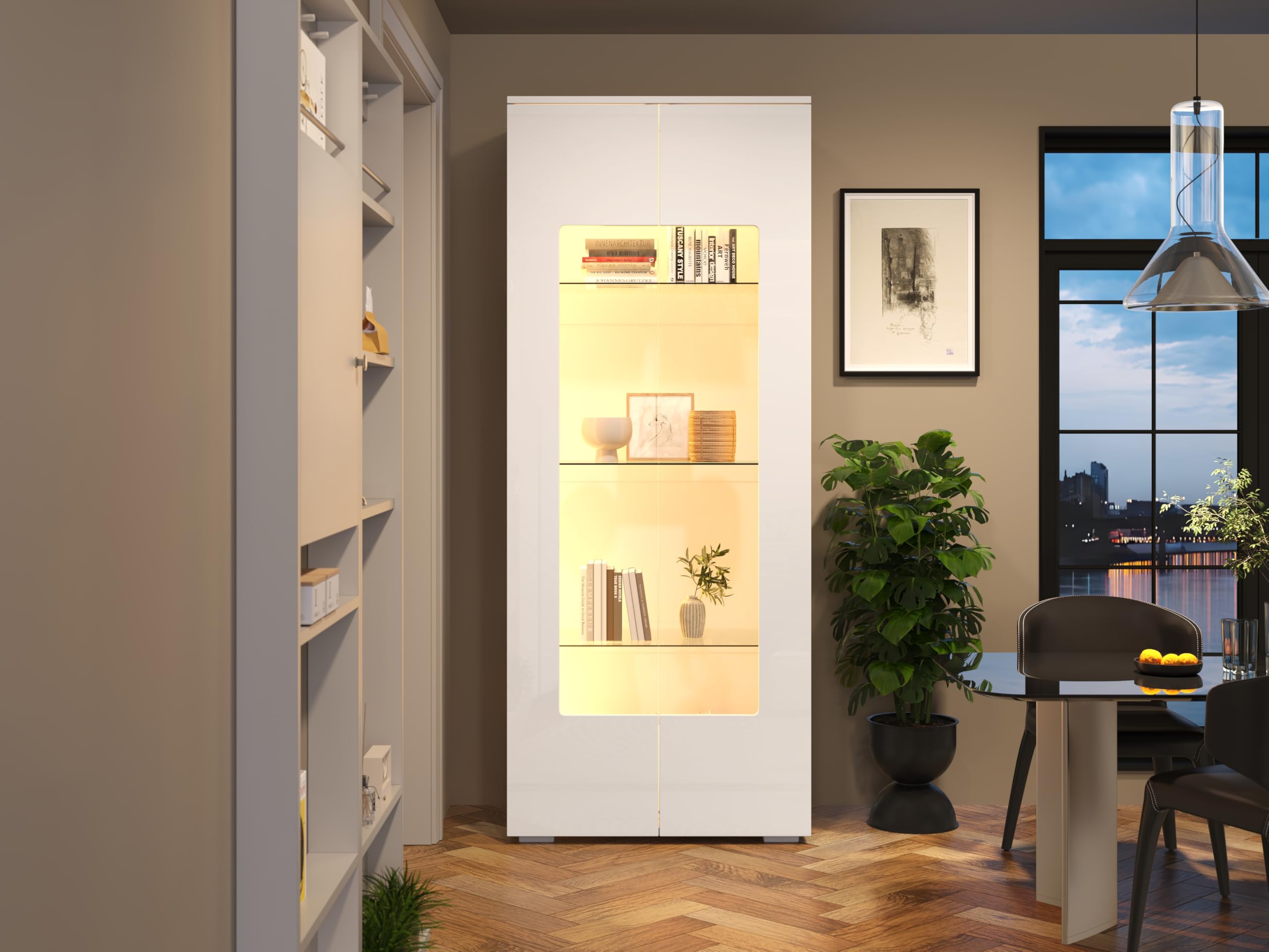 Vetrina da soggiorno 70 x 40 x 173 cm, vetrina con 2 ante in acrilico, vetrina lucida con striscia luminosa a LED, armadio portante in vetro temperato, soggiorno, ampio armadio alto, MDF, bianco