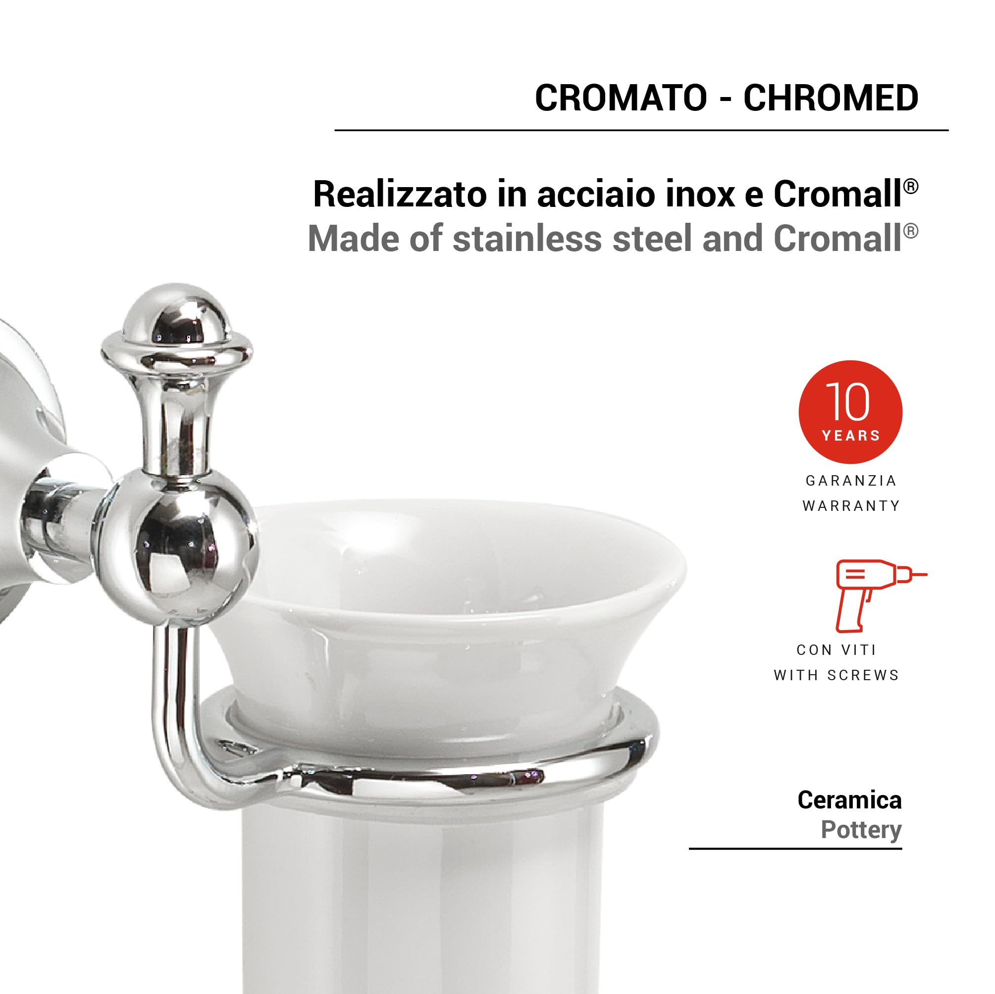 Gedy Nevis Portacepillos Dientes Baño Pared 13,3x10,9x15,9cm Acero INOX Cromall Vaso Cerámica Blanca Cromo, Tornillos Incluidos