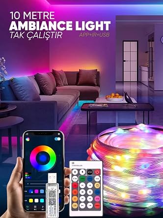 Amber LED Pixel Rgb Magic Peri ışık - 5v Usb Girişli, Bluetooth Uygulamalı, Uzaktan Kumandalı, Müziğe Duyarlı, Suya Dayanıklı, Parti, Yılbaşı, Doğum Günü, Eğlence için (10 Metre) [Enerji Sınıfı A]