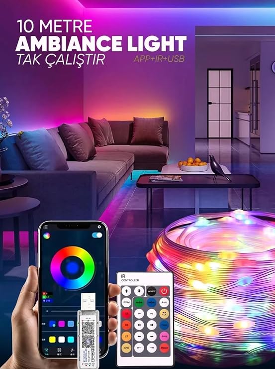 Amber LED Pixel Rgb Magic Peri ışık - 5v Usb Girişli, Bluetooth Uygulamalı, Uzaktan Kumandalı, Müziğe Duyarlı, Suya Dayanıklı, Parti, Yılbaşı, Doğum Günü, Eğlence için (10 Metre) [Enerji Sınıfı A]