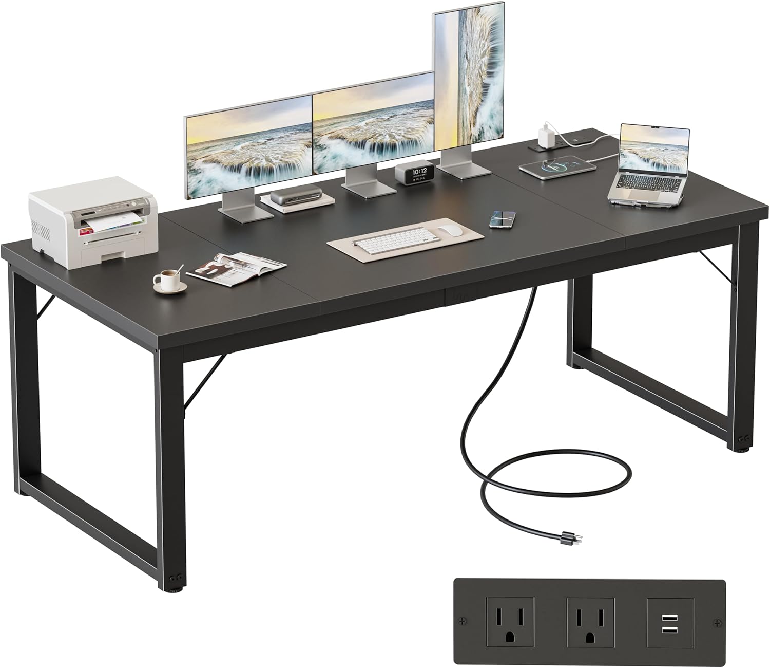Mericonia 63 Inch Large Computer Desk with Power Outlets, 1.2" Thick Heavy Duty Industrial Office Desk, Modern Simple Study Writing Table for Home Office Bedroom Workstation, Black