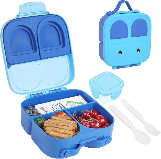 PokeAir Bento Lunch Box for Kids Toddler 1400mL Children Lunch Box with 3 Compartments, Sauce Jar, Divider, Spoon & Fork, Sandwich Bento Box Containers Girls Boys (Blue)