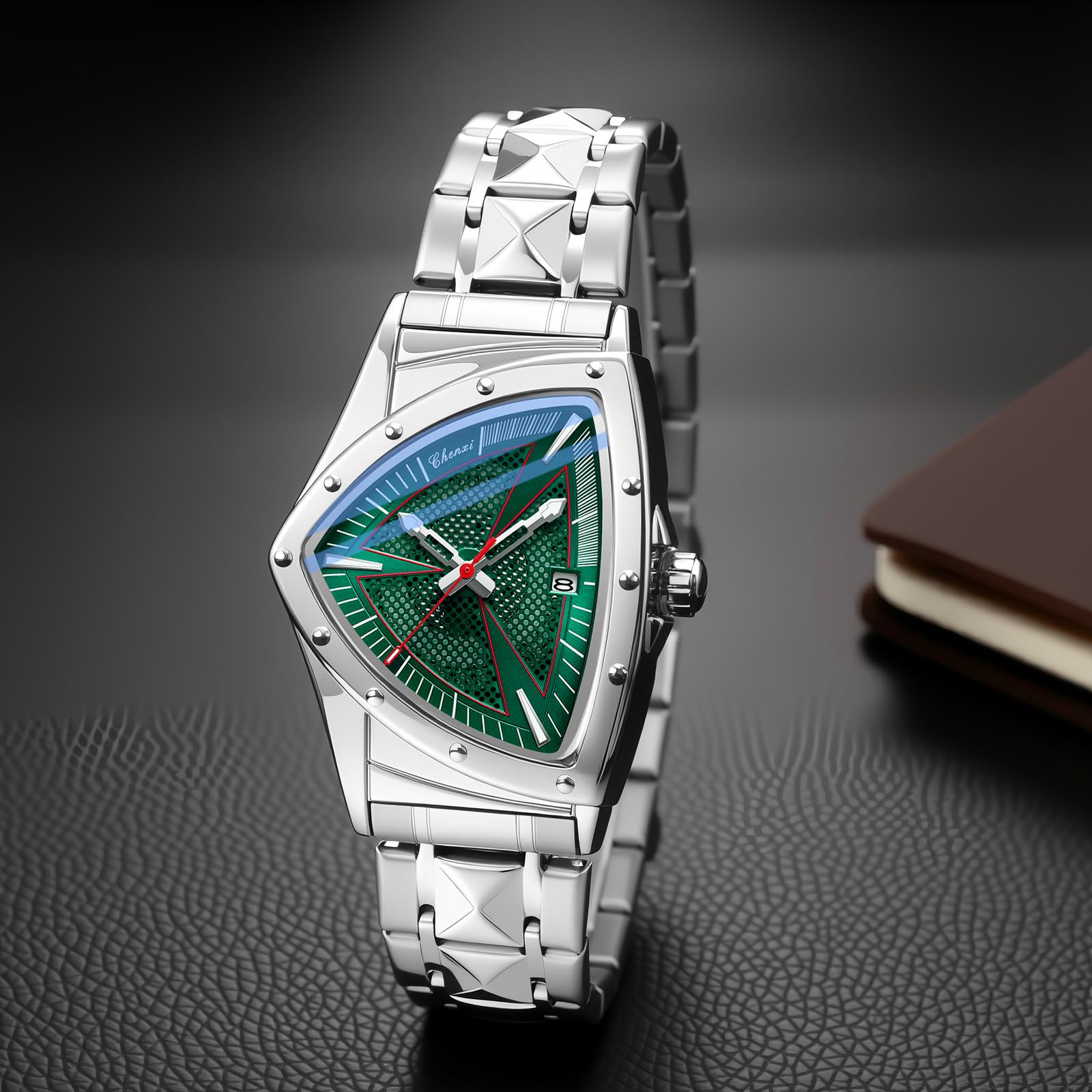 JewelryWe Reloj de Hombre Cuarzo Analógico: Caja Triangular, Correa de Acero Inoxidable, Agujas Luminosas, Índices Luminosos, Calendario, Resistente al Agua, Reloj Negocios,Regalos para Hombres