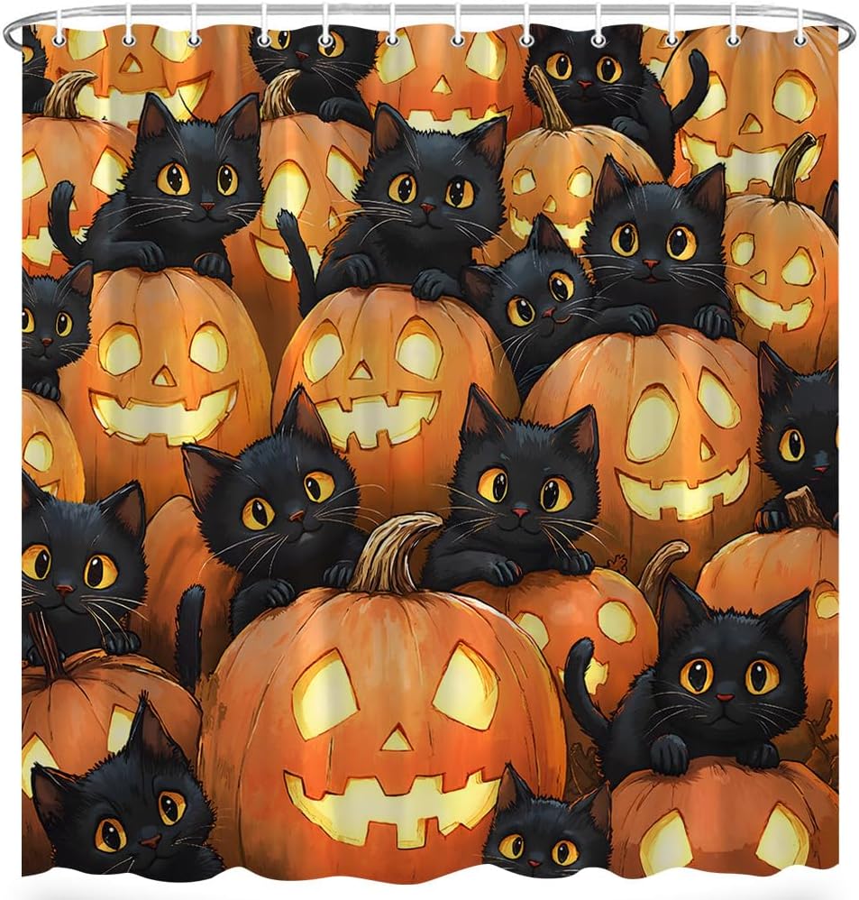 Fall Pumpkin Cat Shower Curtain Black Kitten Halloween Cute Kitty Autumn Harvest Thanksgiving Day Bath Decor Polyester Fabric Curtains 106X70 Inch