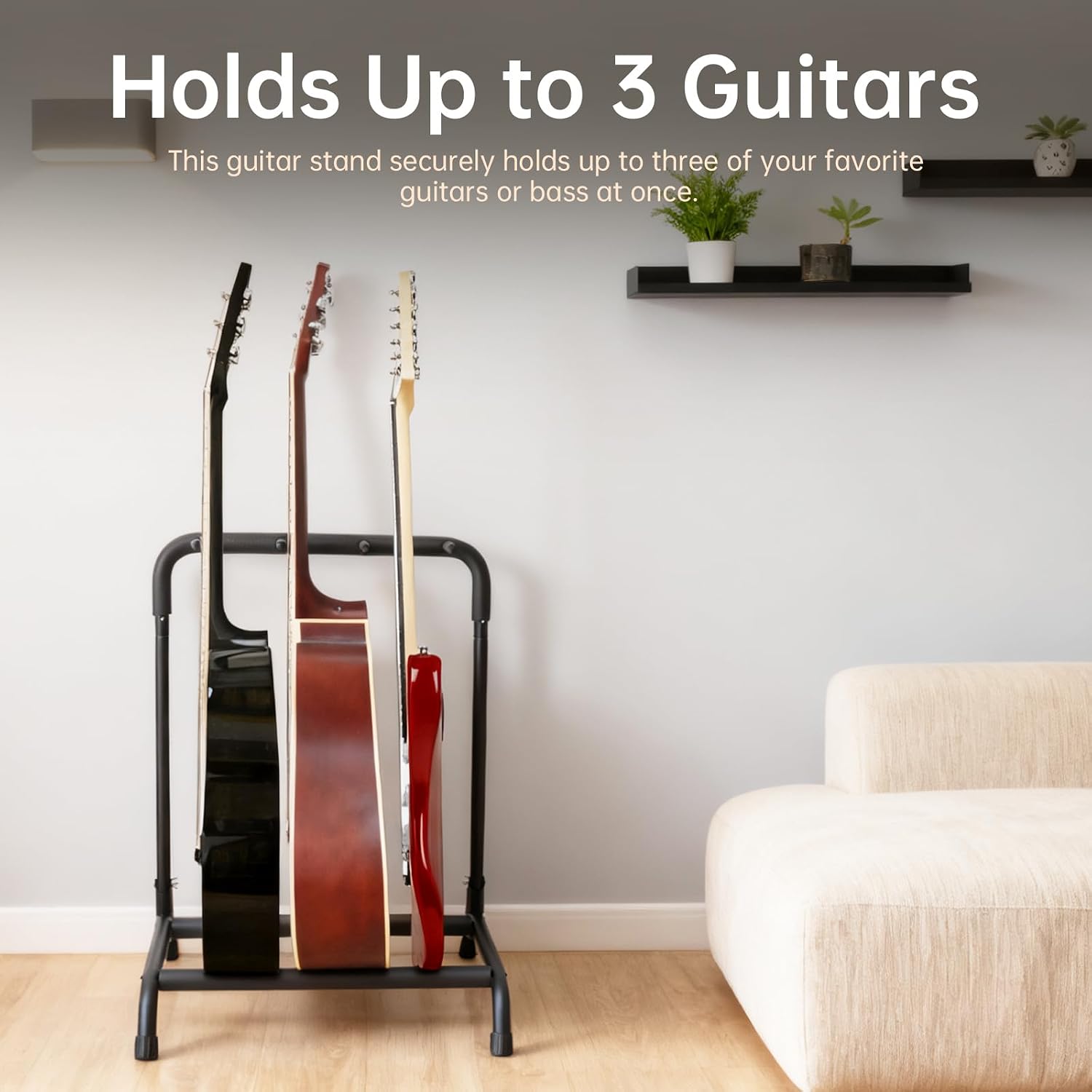 Multi Guitar Stand Rack Folding Design , Space Saving Heavy Duty Holder for Acoustic Electric Bass Guitars Quick Setup, Portable Display Secure Storage Foldable Gear Organizer Studio Stage Use (3-Guitar Stand)