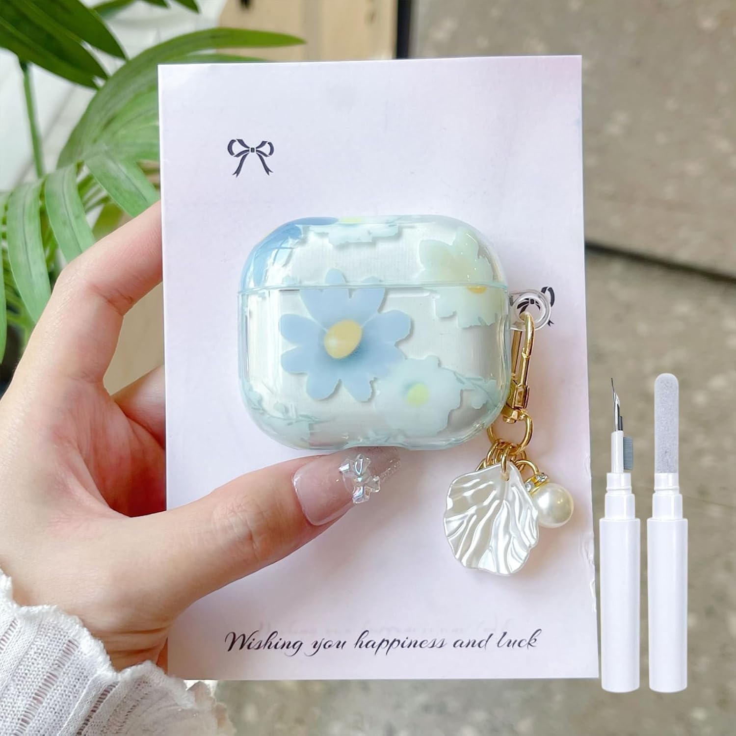Compatible with AirPods 4 Clear & Cleaner Kit, Cute Floral Blossom Daisy Flower Design, Soft TPU Protective Cover Beaded Keychain for Airpods 4th Generation -Blue