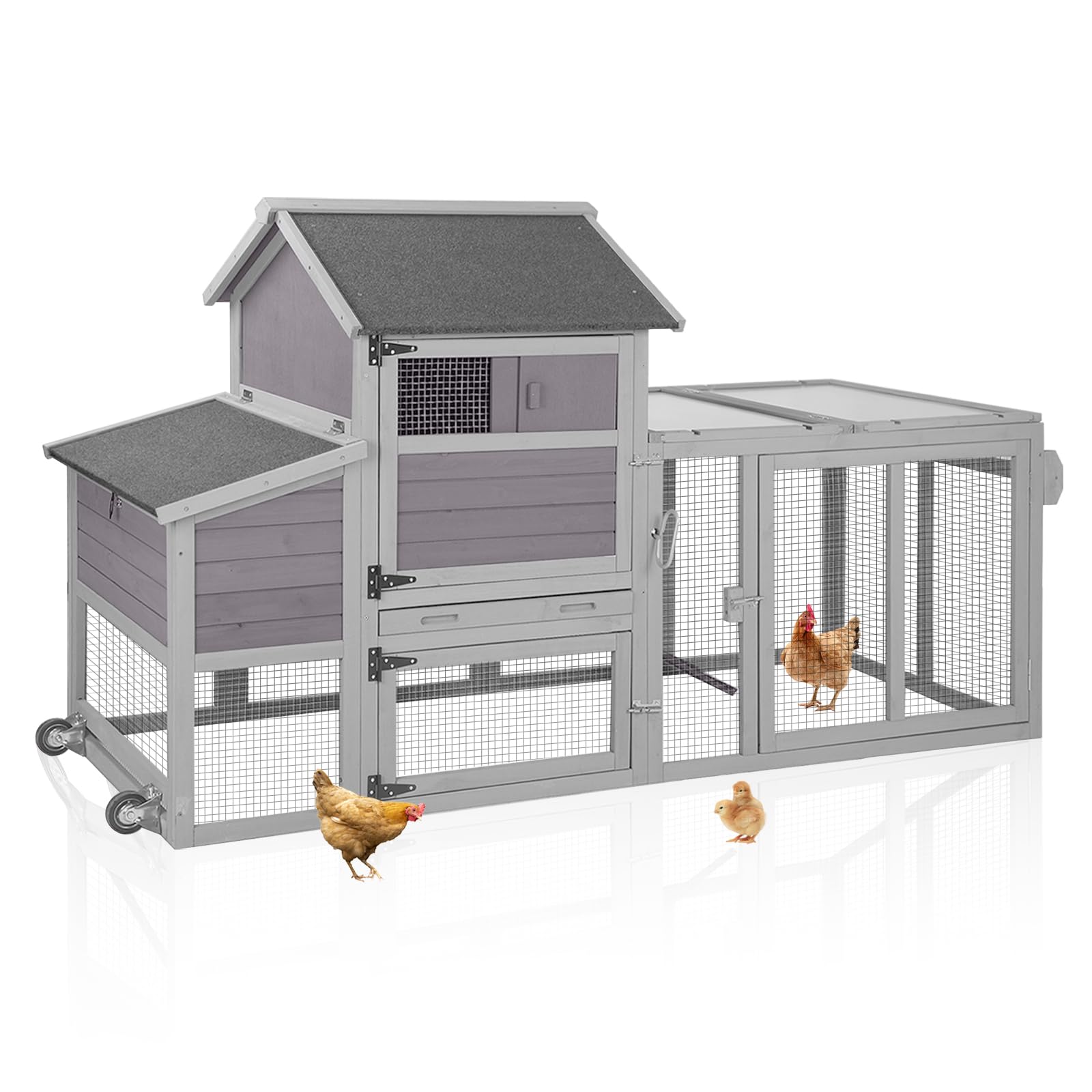 Aivituvin Chicken Coop Outdoor Hen House Wooden Poultry Cage with Wheels,UV Panel,Nest Box, Expandable Coop (Grey, AIR27)