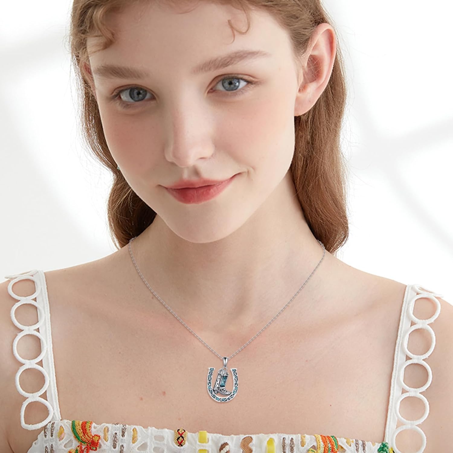 YAFEINI Western Cowboy Necklace 925 Sterling Silver Turquoise Horseshoe Pendant Western Jewelry Cowgirl Gifts for Women - Image 3