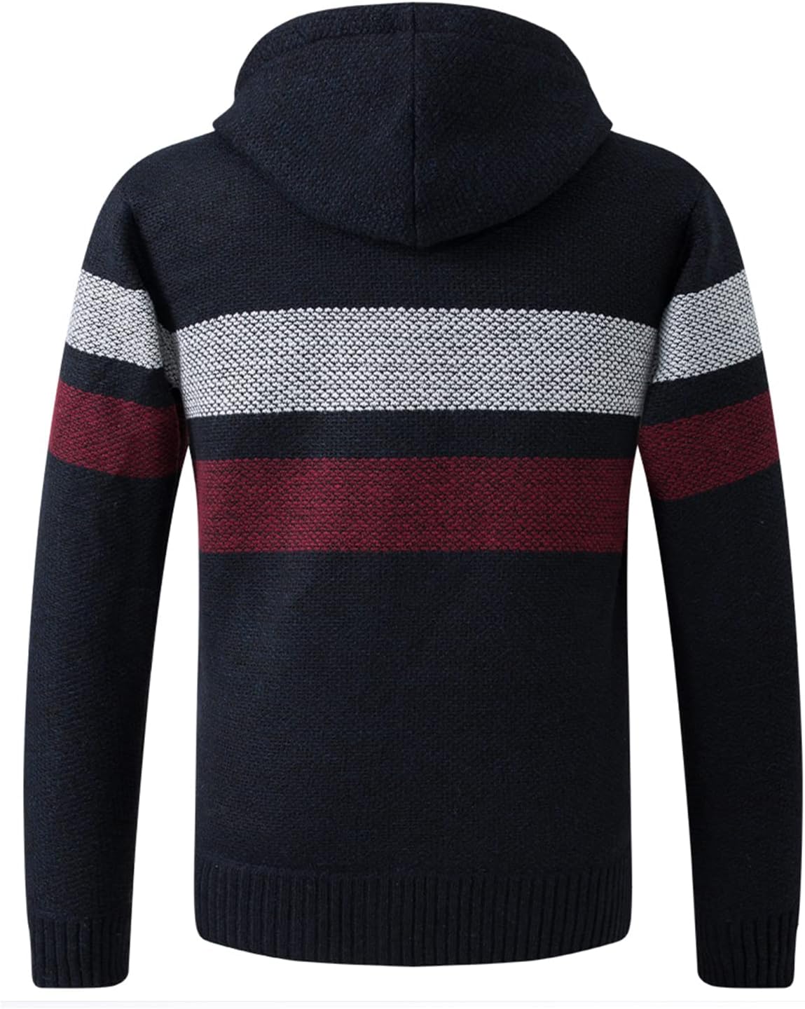 Lu's Chic Men's Full Zip Hoodie Winter Striped Knitted Long Sleeve Cardigan Sweater Slim Fit Hooded Sweatshirt Pockets