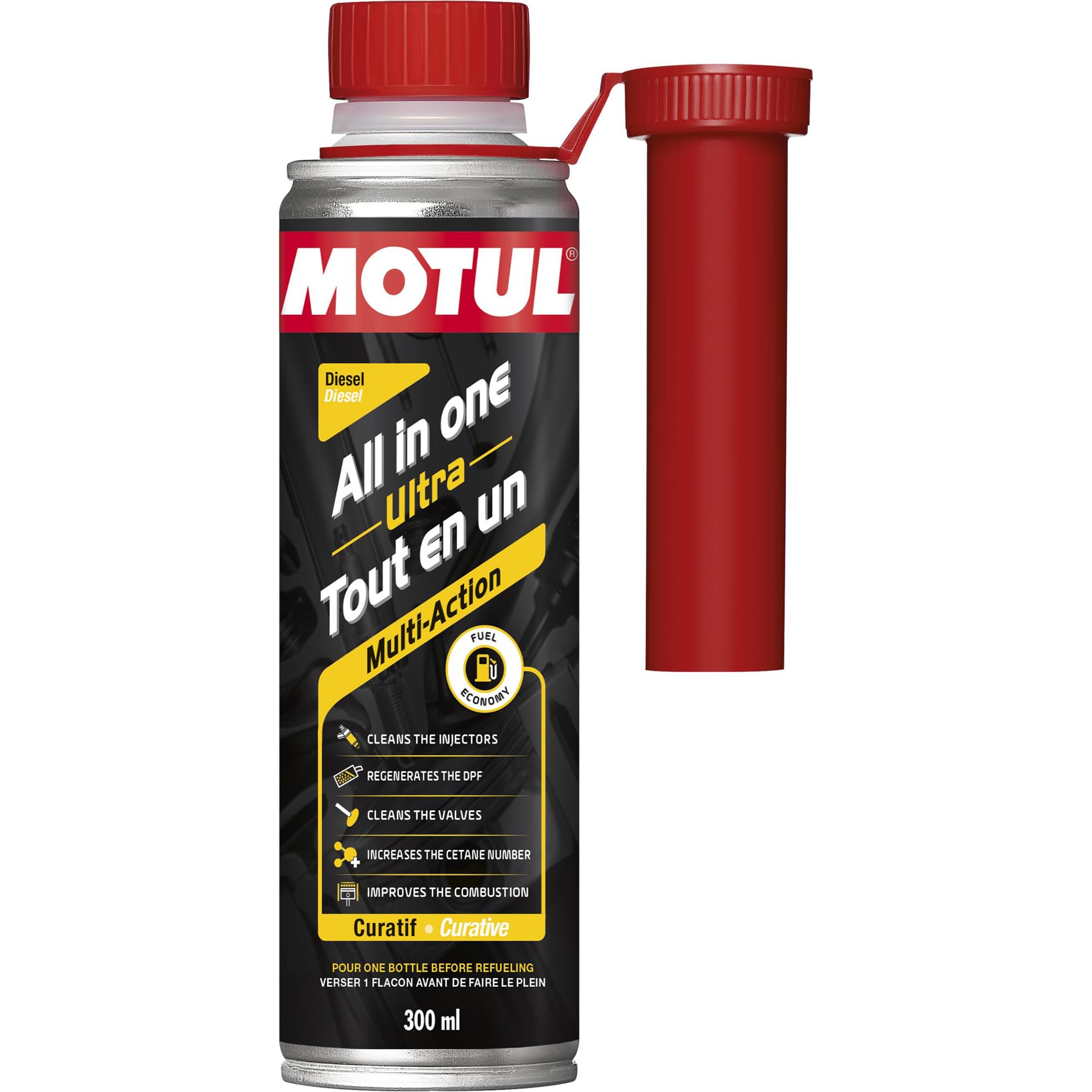 MOTUL Aditivo All In One Diesel, Limpiador Curativo de Acción Múltiple, Reducción de Consumo y Emisiones, Ideal Antes de la Inspección Técnica, All In One Ultra Diesel, 300 ml