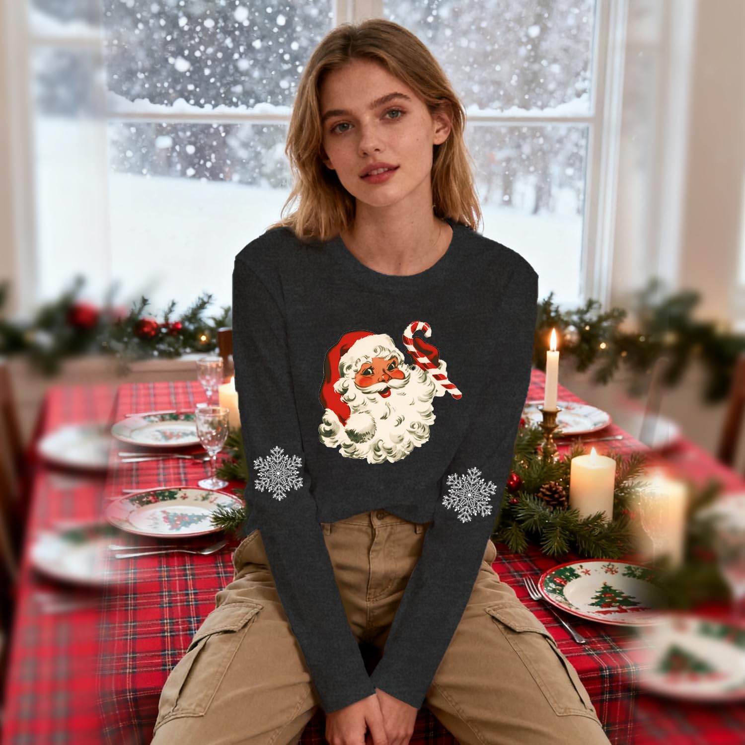 Women’s Christmas Long Sleeve Shirt – Santa Snowflake Holiday Tee Soft Xmas Casual Top - Image 3