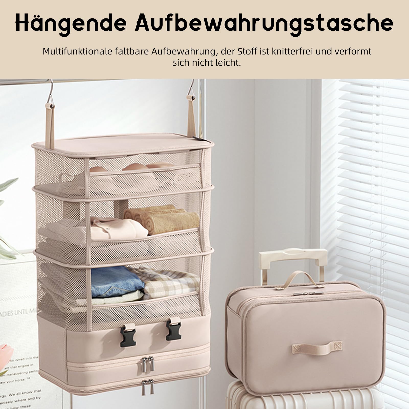 ACESOME Compression Koffer Organizer, 5 Schichten, Polyester, Beige-Pink, mit Haken und Reißverschluss, Camping Organizer Hängend, Faltbar Regal Handgepäck, Großes Fassungsvermögen
