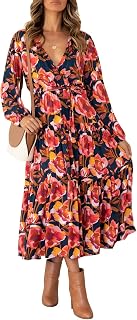 Women's Boho Leopard Print Ruffle Long Sleeve V Neck Casual Flowy Party Maxi Dress