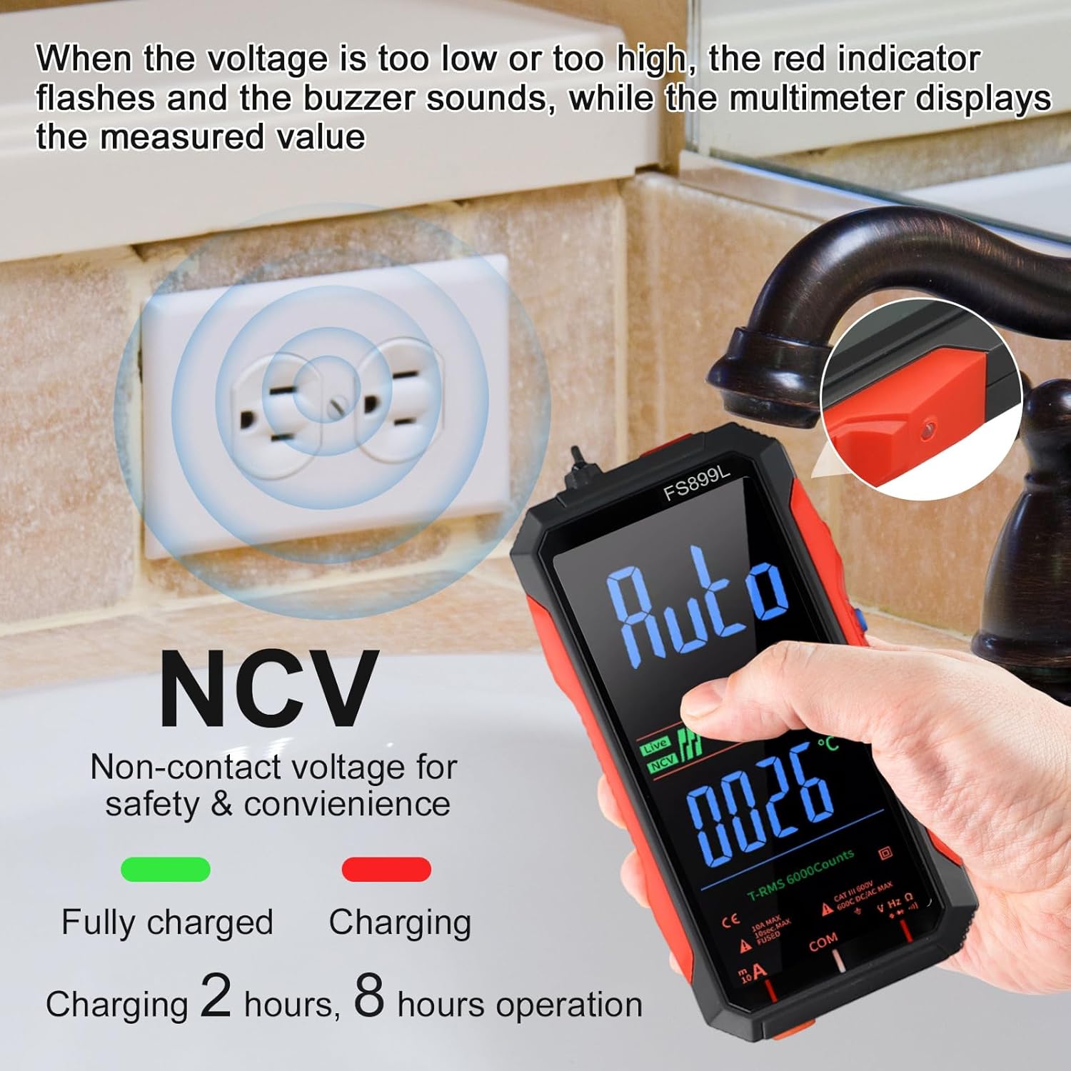 FS899L Digital Multimeter with Color Screen & Storage Case, USB C Rechargeable Electrical Testing, 6000 Counts True RMS AC/DC Voltage Tester, NCV, Capacitance, Non Voltage Detector