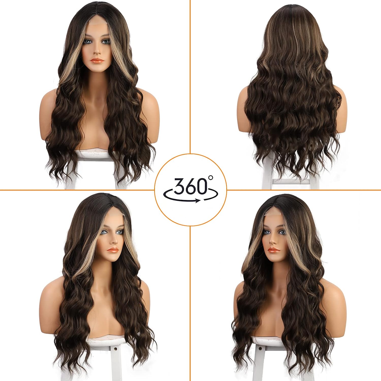 Wiginway Long Brown Wavy wig, Middle Part Synthetic Wig for Women, Body Wave Lace Front Wig for Daily Party Use, Brown Mixed Blonde, 24inch