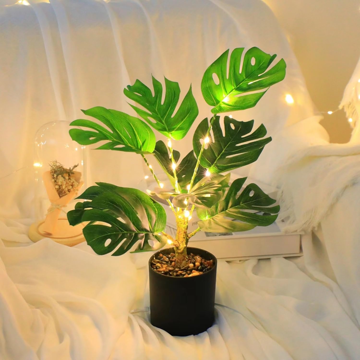 LED Tischlampe Kreativ Dekorativ Künstliche Pflanzen Bonsai Leuchtend Niedliches Nachtlicht für Schlafzimmer Büro Wohnzimmer, USB Nachttischlampen für Freunde, Familie, Geschenke(Monstera)