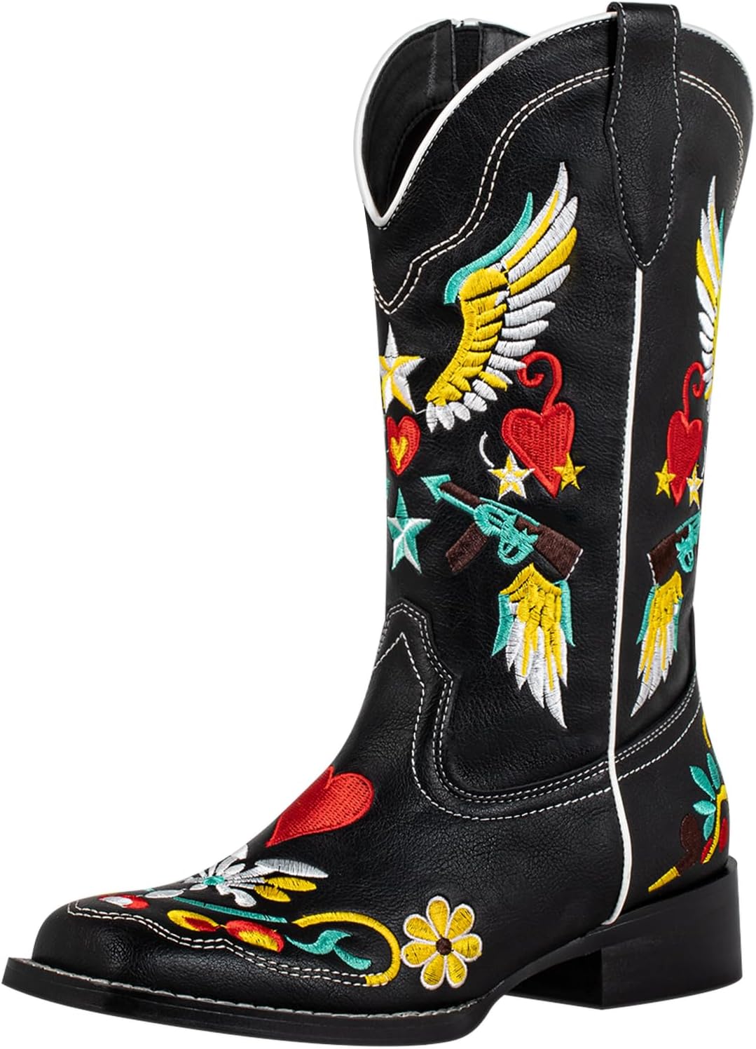 SheSole Women's Floral Black Cowgirl Cowboy Boots Square Toe Fashion Western Boots Wing Star Heart Embroidered