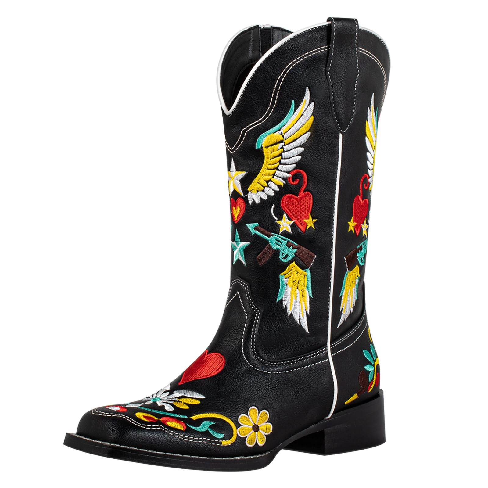 SheSole Womens Floral Black Cowgirl Cowboy Boots Square Toe Fashion Western Boots Wing Star Heart Embroidered