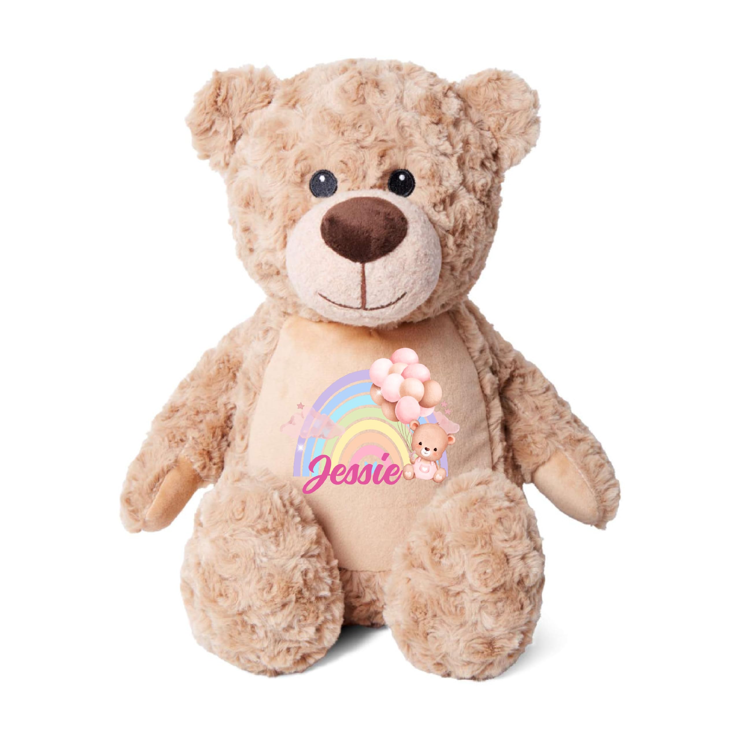 Crafted Memories - Personalised Teddy Bear 40cm Tall with Baby Rainbow Design, Cute Rainbow Teddy Bear with Personalised Name, Custom Soft Plush Toy Gift for Boys And Girls (Pink, Cream Bear)