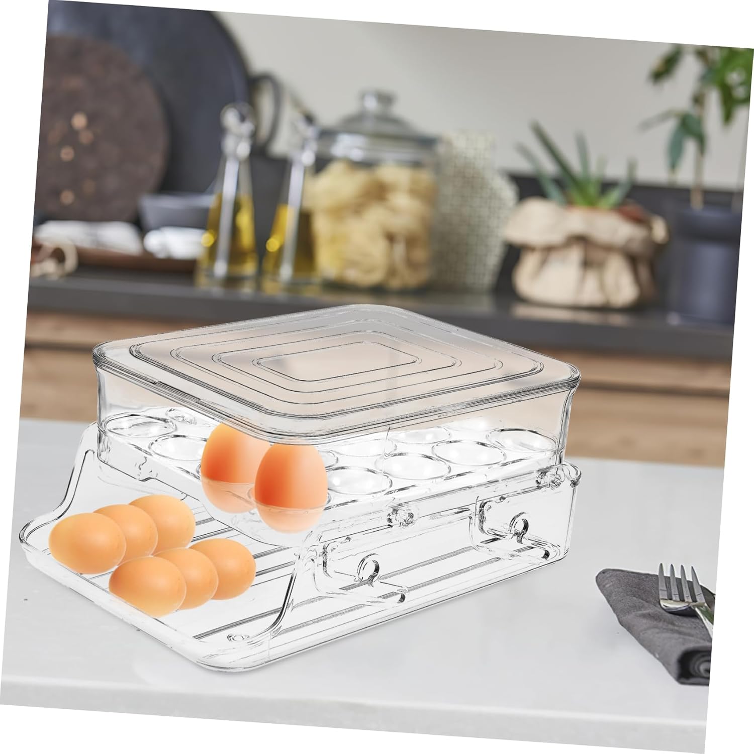 BESTOYARD Transparent Egg Storage Box with Lid Rolling Egg Dispenser for Refrigerator Stackable Design for Easy Access and Organization Kitchen Organizer