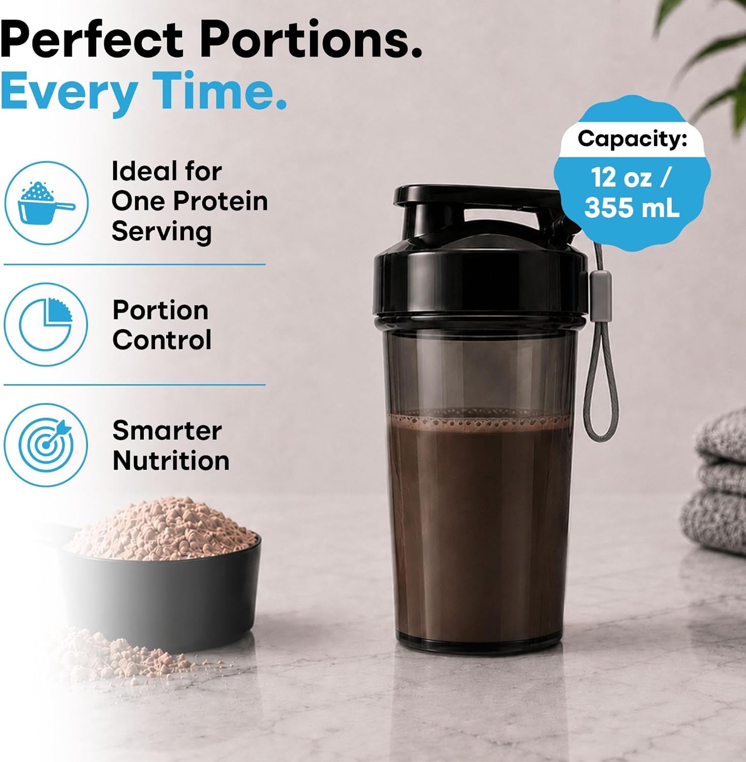 Protein Shaker Cup 12 oz - Food-Grade Shaker Cups for Protein Shakes 12 oz - Small Shaker Cups for Protein Shakes, Leakproof Lid Protein Cups Shaker for Gym-goers & Travelers - Blue & Black