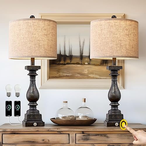 BOBOMOMO Puertos de carga USB retro de 27 pulgadas, AC, 3 vías, regulables, control táctil, lámparas de casa de campo negras para dormitorios,