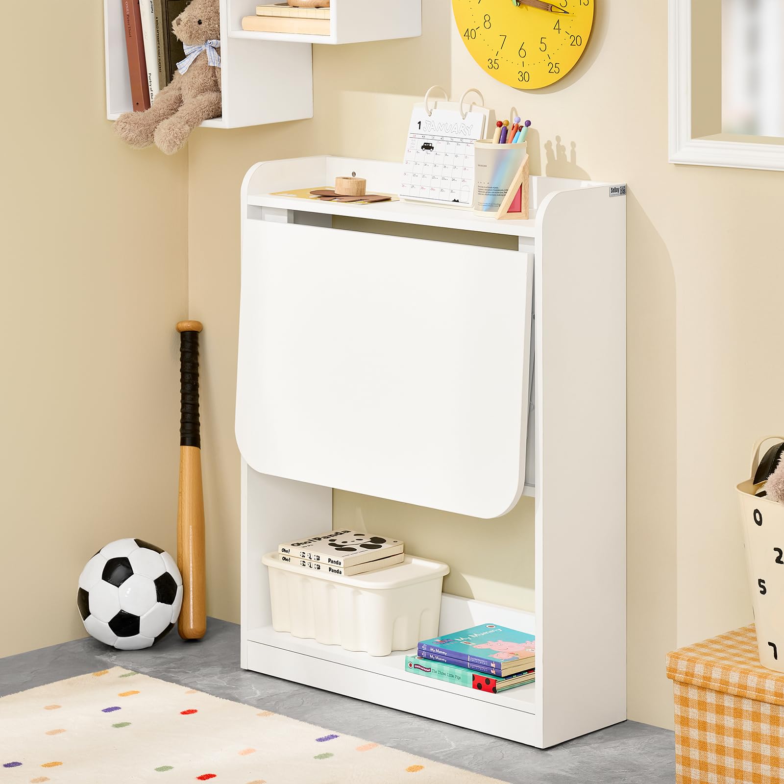 SoBuy Schreibtisch Klappbar mit 3 Ablagen Platzsparend 64x82x58cm Büro | Kleiner Schreibtisch mit Regal, Klapptisch mit 3 Ablagen für Platzsparendes Arbeiten, Wandtisch Weiß, FWT92-W