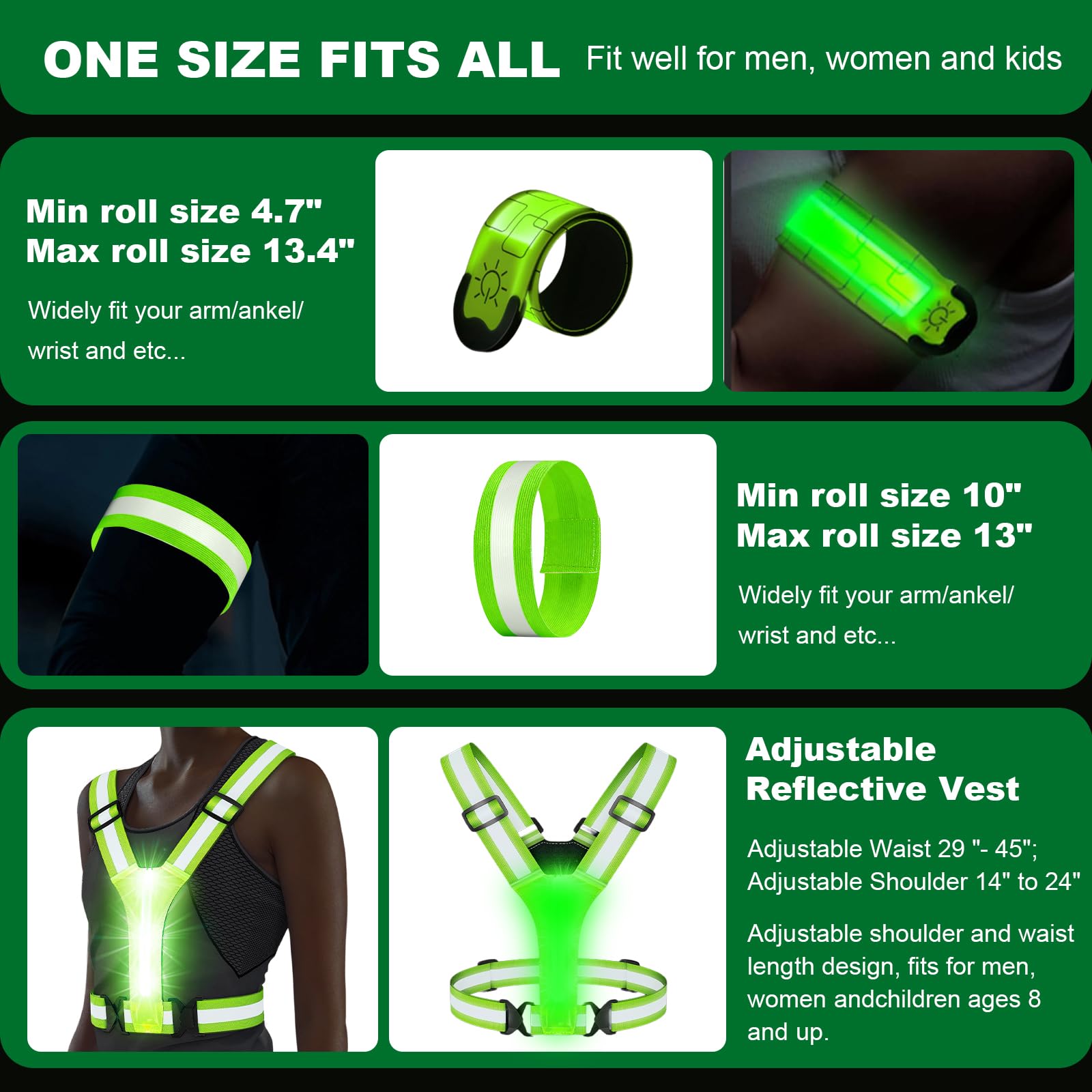 Équipement de course réfléchissant avec brassard LED rechargeable, 5 couleurs lumineuses, gilet de course réfléchissant rechargeable pour la marche de nuit, la course à pied, le cyclisme, le
