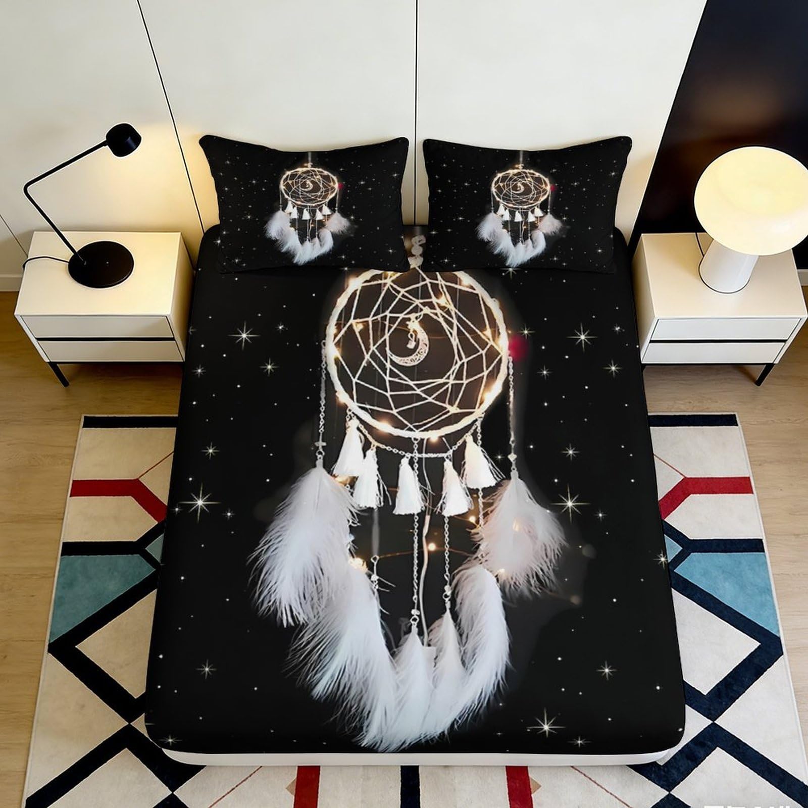 3D Printed Dreamcatcher Fitted Sheet Microfiber Soft Breathable Starry Sky Bed Cover for Bedroom Dormitory Guest Room Mattress Protection Decor 120x200x25cm
