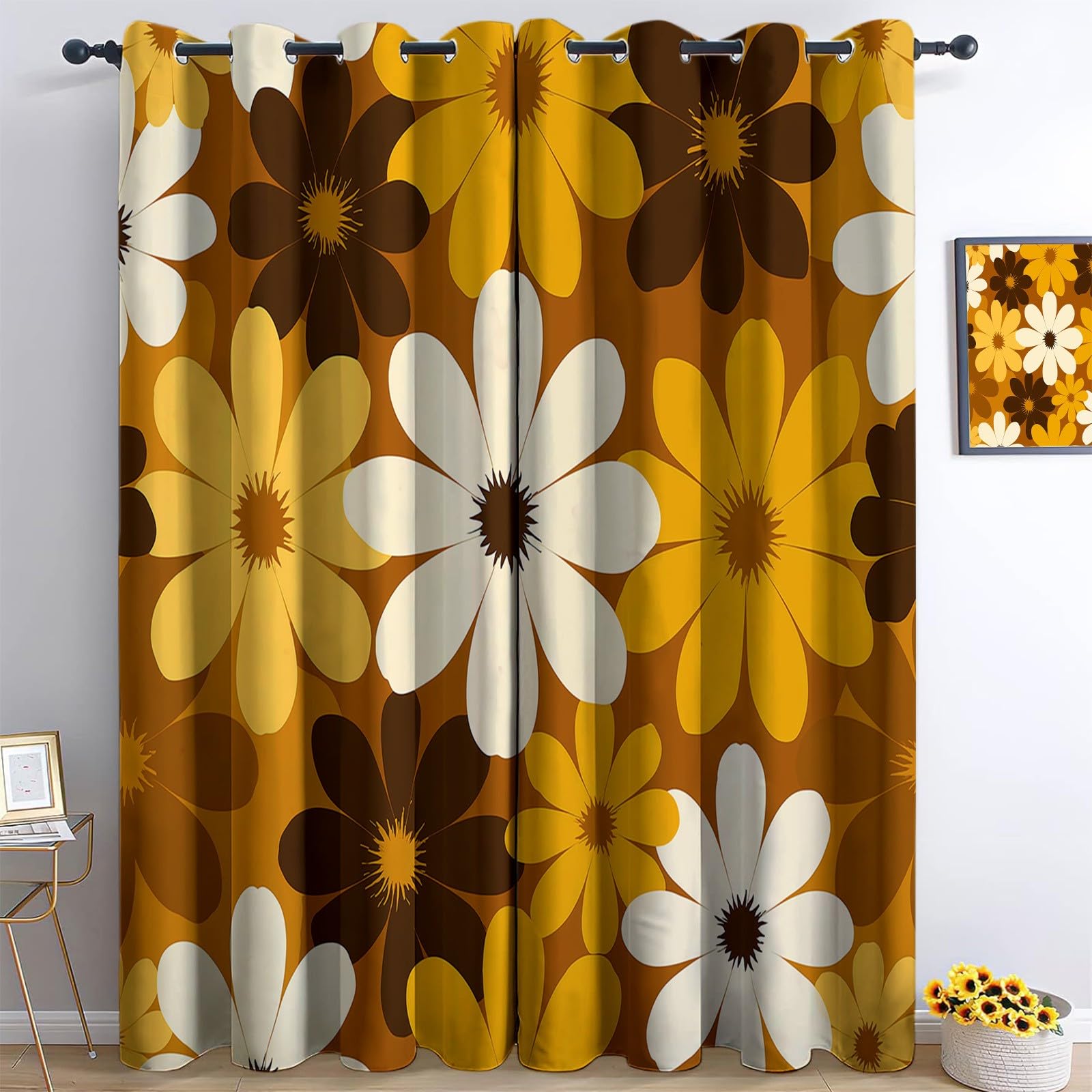 Retro Daisy Thermal Insulated Curtains Yellow Grommet Eyelet Curtains，Blackout Noise Reducing Windows Drapes for Nursery Living Room 46” W x 72” L x 2 Panels