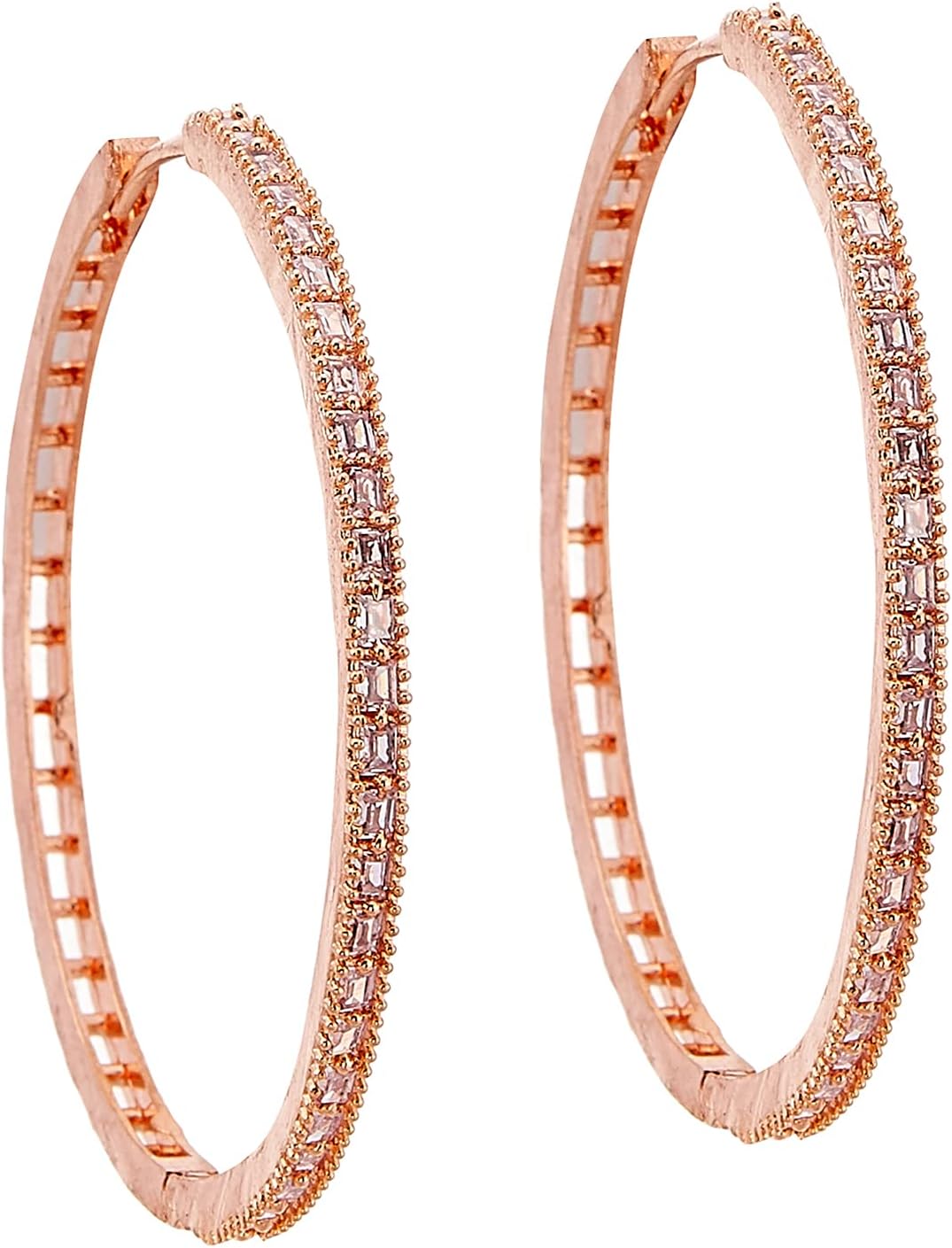 Women American Diamond Hoop Earrings Jewellery Studded Bali Earring (Large)(White, Rose Gold)