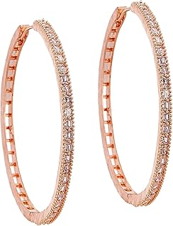 Women American Diamond Hoop Earrings Jewellery Studded Bali Earring (Large)(White, Rose Gold)