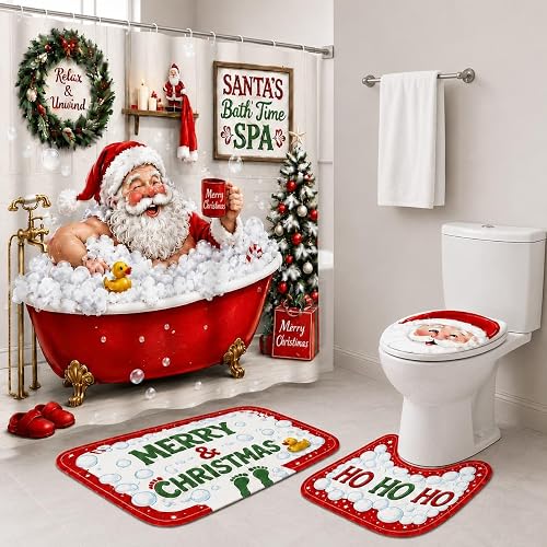 Christmas Shower Curtain Set, Christmas Decorations for Bathroom