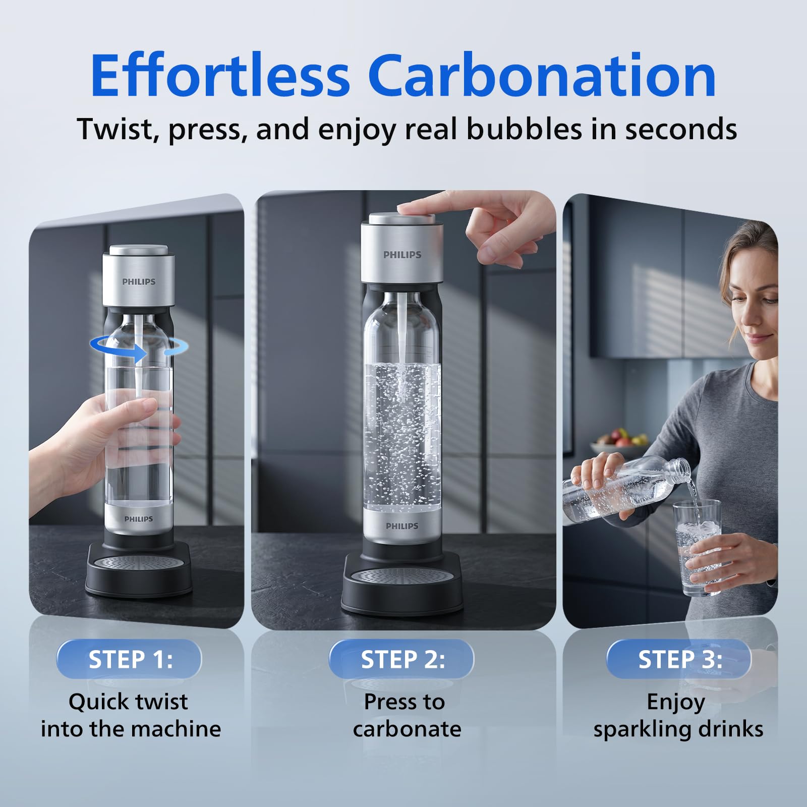 Philips Machine à eau pétillante en acier inoxydable pour la maison avec bouteille de gazéification en PET sans BPA de 1 L, compatible avec n'importe quel gazéificateur de CO2 à visser de 60 L (non